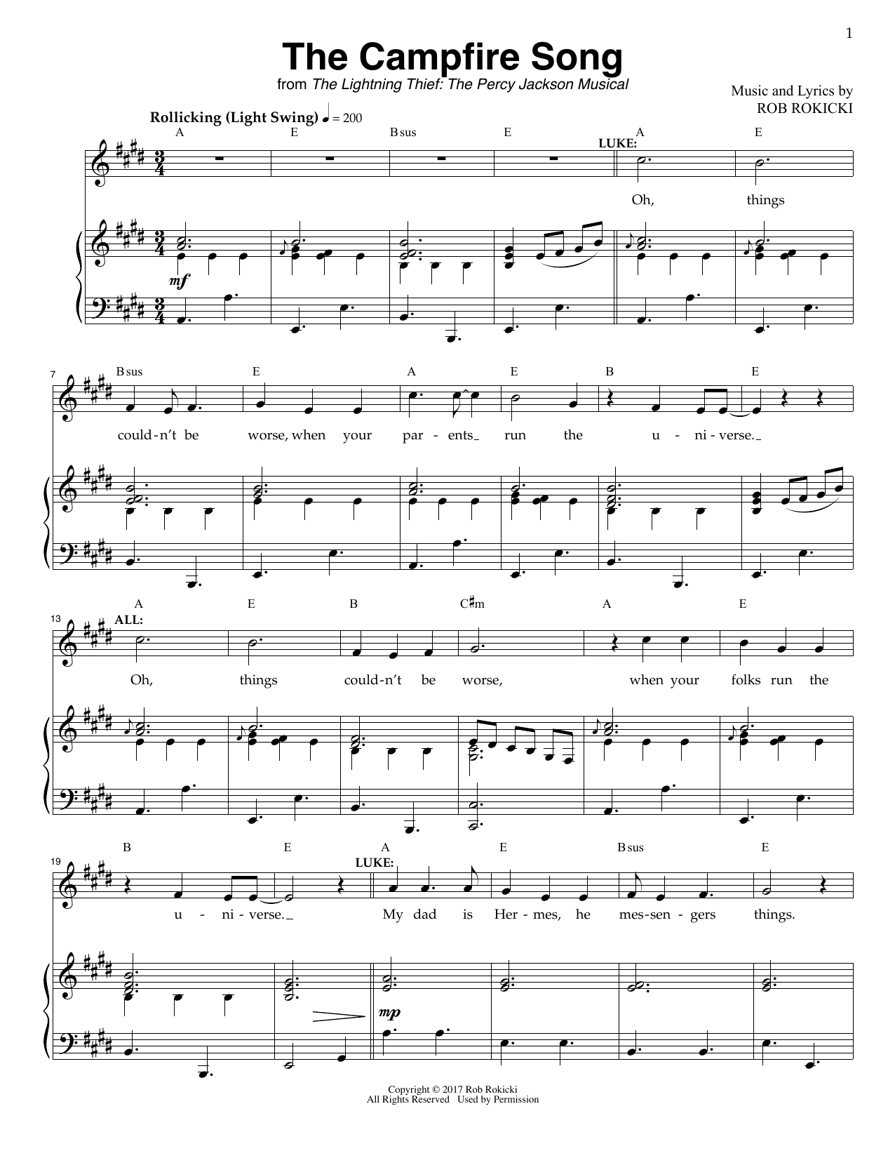 Rob Rokicki The Campfire Song (from The Lightning Thief: The Percy Jackson Musical) sheet music notes and chords. Download Printable PDF.