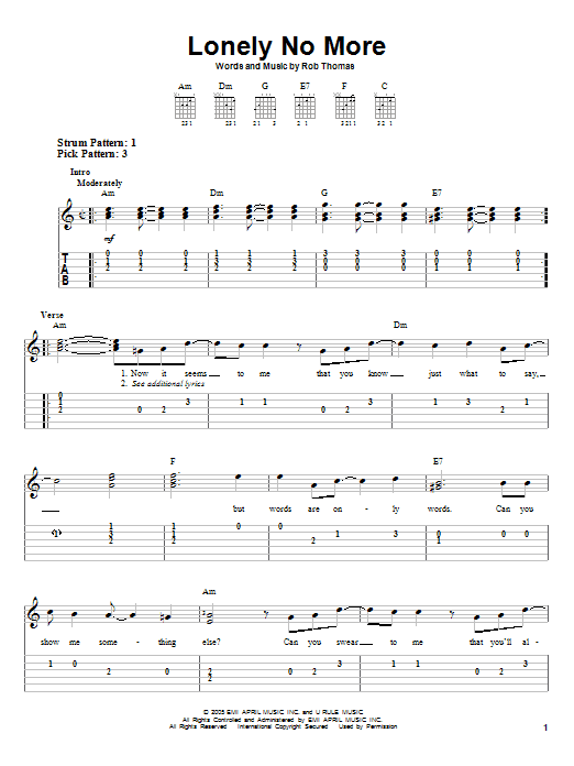 Rob Thomas Lonely No More sheet music notes and chords. Download Printable PDF.