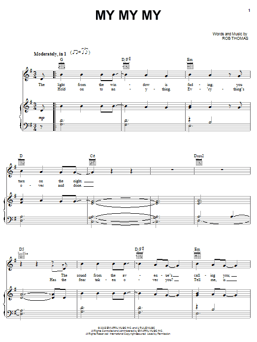 Rob Thomas My My My sheet music notes and chords arranged for Piano, Vocal & Guitar Chords (Right-Hand Melody)