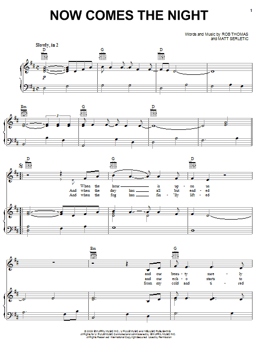 Rob Thomas Now Comes The Night sheet music notes and chords. Download Printable PDF.