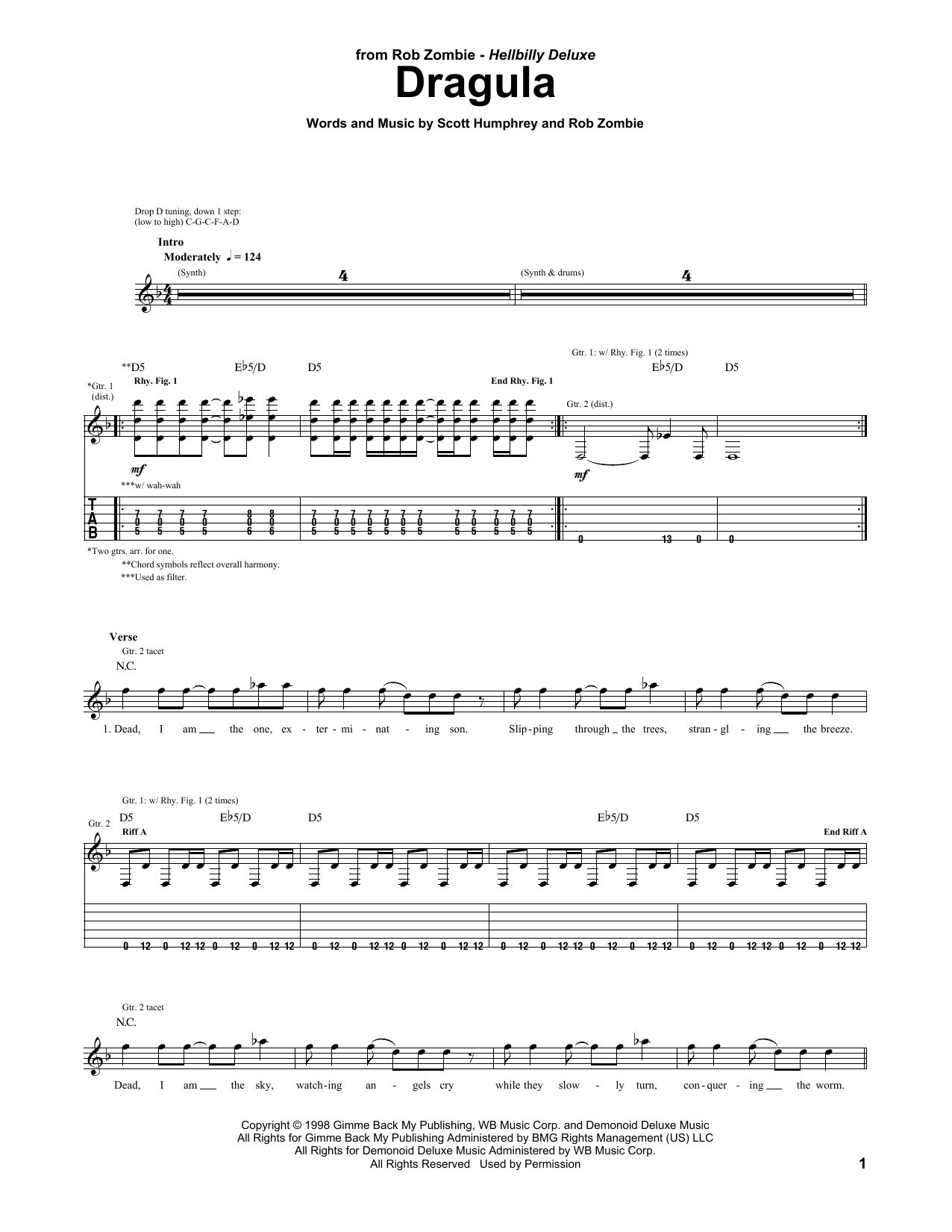 Learn to play Rob Zombie Dragula sheet music for Guitar Tab in minutes. Price: 7.8900$ Rob Zombie Dragula sheet music notes and chords arranged for Guitar Tab
