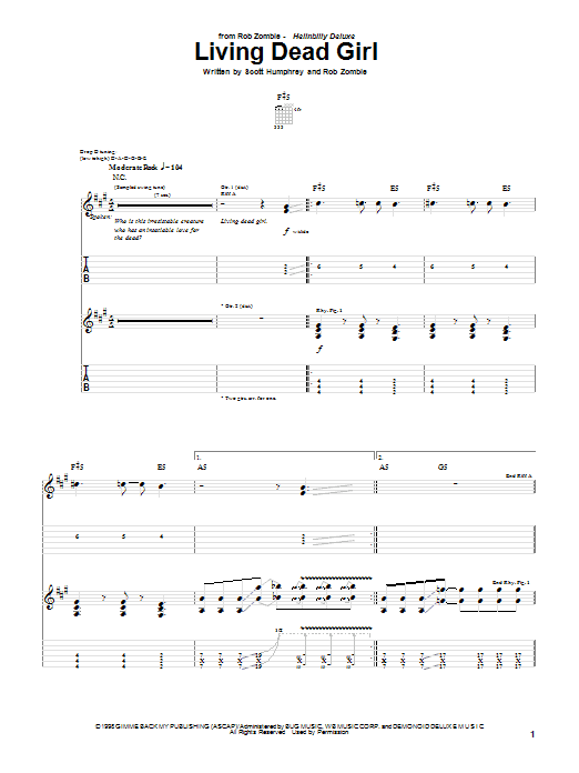 Learn to play Rob Zombie Living Dead Girl sheet music for Guitar Tab in minutes. Price: 7.8900$ Rob Zombie Living Dead Girl sheet music notes and chords arranged for Guitar Tab