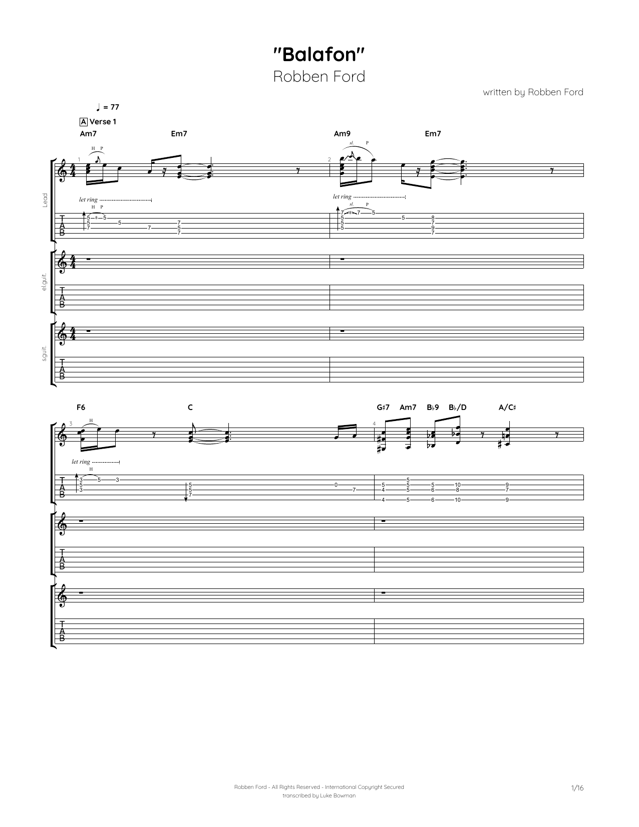Learn to play Robben Ford Balafon sheet music for Guitar Tab in minutes. Price: 7.8900$ Robben Ford Balafon sheet music notes and chords arranged for Guitar Tab
