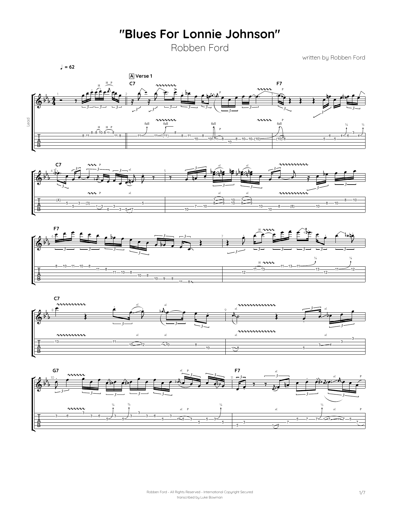 Robben Ford Blues for Lonnie Johnson sheet music notes and chords. Download Printable PDF.