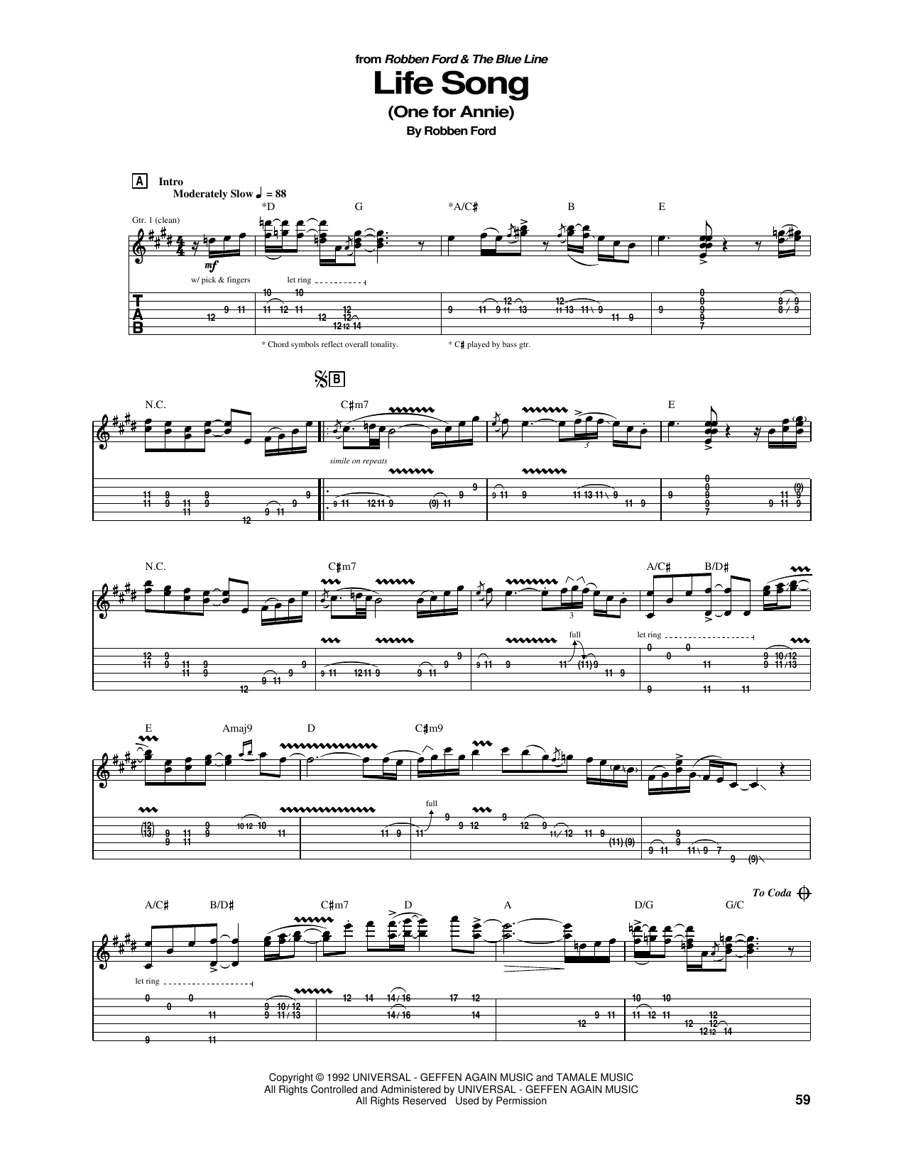 Robben Ford Life Song (One For Annie) sheet music notes and chords. Download Printable PDF.