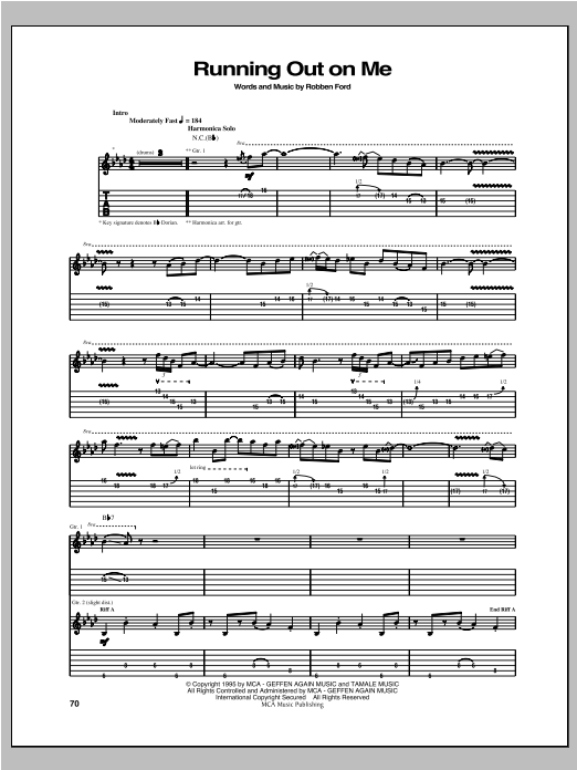 Learn to play Robben Ford Running Out On Me sheet music for Guitar Tab in minutes. Price: 7.8900$ Robben Ford Running Out On Me sheet music notes and chords arranged for Guitar Tab