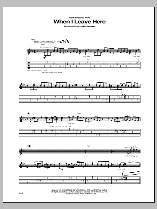 Learn to play Robben Ford When I Leave Here sheet music for Guitar Tab in minutes. Price: 7.8900$ Robben Ford When I Leave Here sheet music notes and chords arranged for Guitar Tab