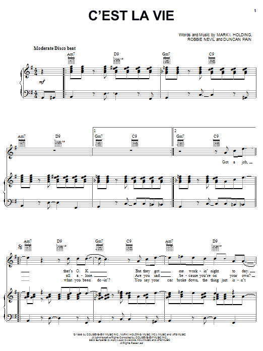 Robbie Nevil C'est La Vie sheet music notes and chords. Download Printable PDF.