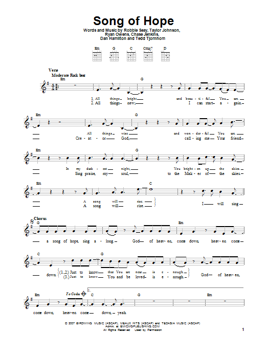 Robbie Seay Band Song Of Hope sheet music notes and chords. Download Printable PDF.