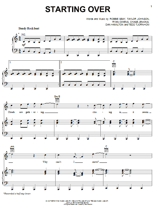 Learn to play Robbie Seay Band Starting Over sheet music for Piano, Vocal & Guitar Chords (Right-Hand Melody) in minutes. Price: 7.8900$ Robbie Seay Band Starting Over sheet music notes and chords arranged for Piano, Vocal & Guitar Chords (Right-Hand Melody)