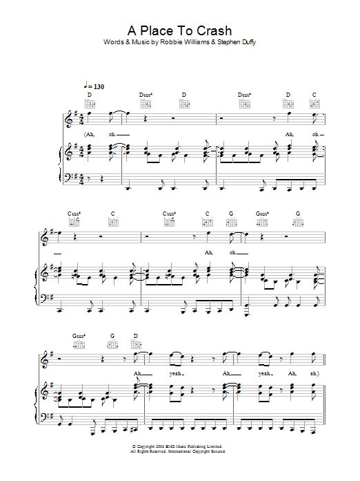 Learn to play Robbie Williams A Place To Crash sheet music for Piano, Vocal & Guitar Chords in minutes. Price: 7.8900$ Robbie Williams A Place To Crash sheet music notes and chords arranged for Piano, Vocal & Guitar Chords