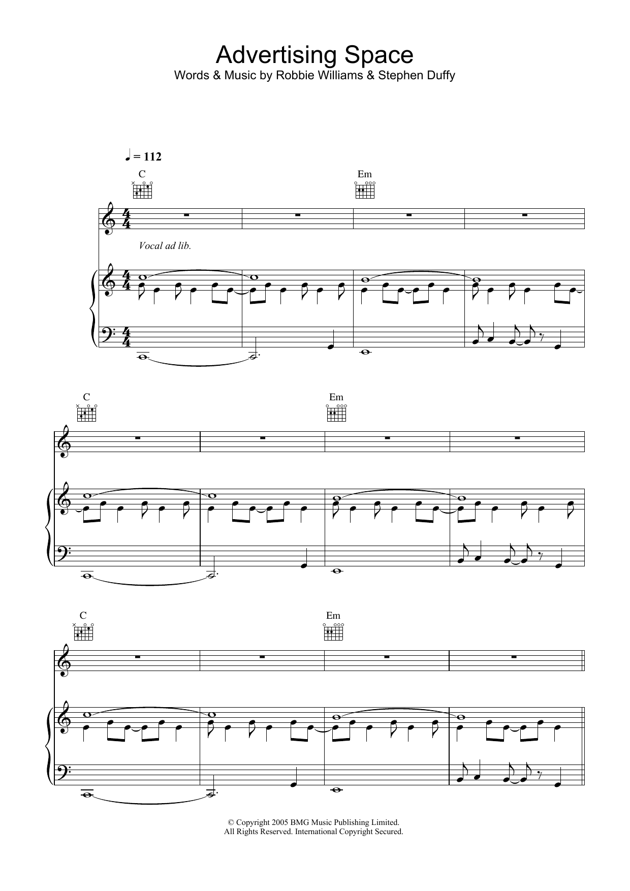 Learn to play Robbie Williams Advertising Space sheet music for Piano, Vocal & Guitar Chords in minutes. Price: 7.8900$ Robbie Williams Advertising Space sheet music notes and chords arranged for Piano, Vocal & Guitar Chords