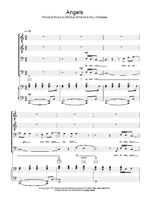 Robbie Williams Angels sheet music notes and chords arranged for TTBB Choir