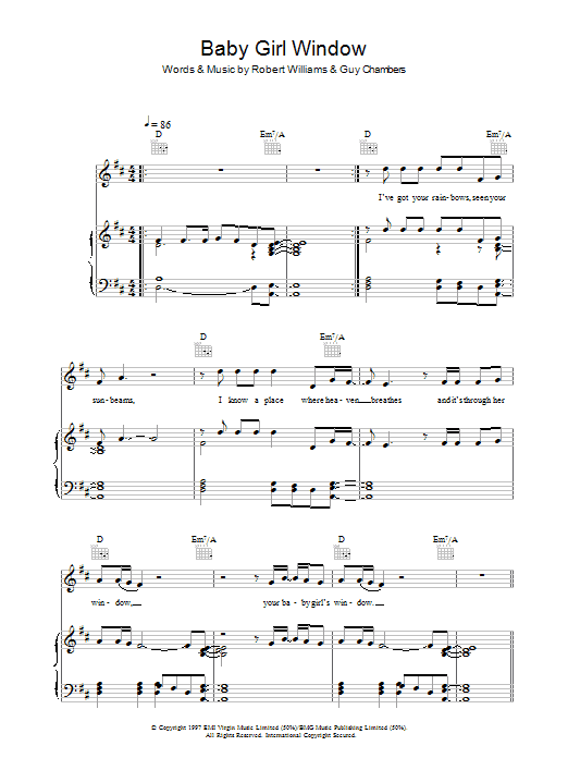 Robbie Williams Baby Girl Window sheet music notes and chords arranged for Piano, Vocal & Guitar Chords