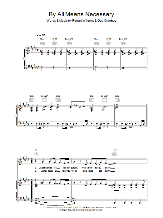 Robbie Williams By All Means Necessary sheet music notes and chords arranged for Piano, Vocal & Guitar Chords