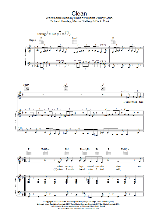 Learn to play Robbie Williams Clean sheet music for Piano, Vocal & Guitar Chords in minutes. Price: 7.8900$ Robbie Williams Clean sheet music notes and chords arranged for Piano, Vocal & Guitar Chords