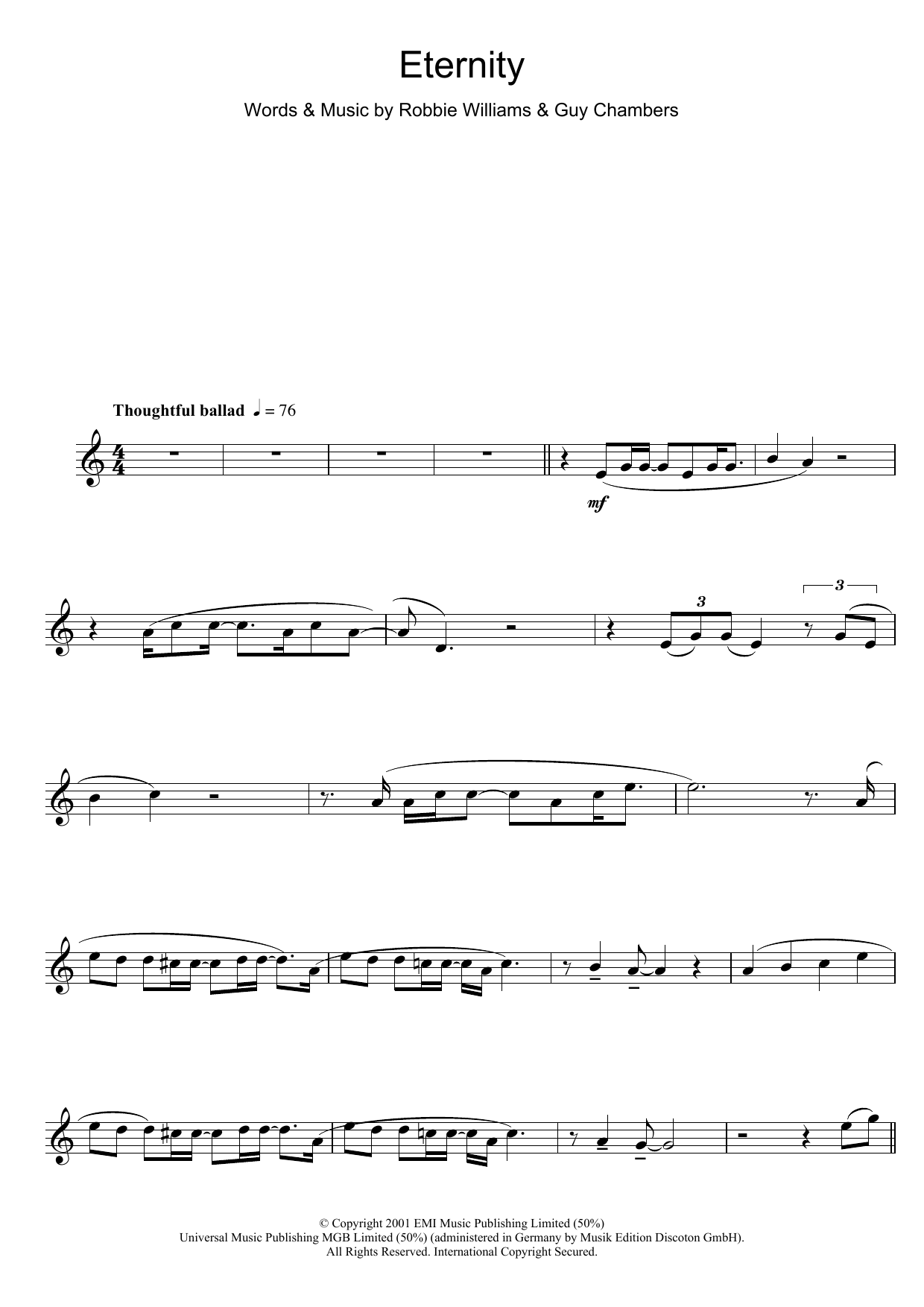 Robbie Williams Eternity sheet music notes and chords. Download Printable PDF.