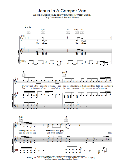 Learn to play Robbie Williams Jesus In A Camper Van sheet music for Piano, Vocal & Guitar Chords in minutes. Price: 7.8900$ Robbie Williams Jesus In A Camper Van sheet music notes and chords arranged for Piano, Vocal & Guitar Chords