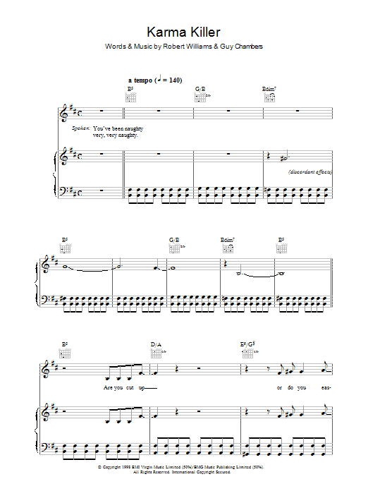 Learn to play Robbie Williams Karma Killer sheet music for Piano, Vocal & Guitar Chords in minutes. Price: 7.8900$ Robbie Williams Karma Killer sheet music notes and chords arranged for Piano, Vocal & Guitar Chords