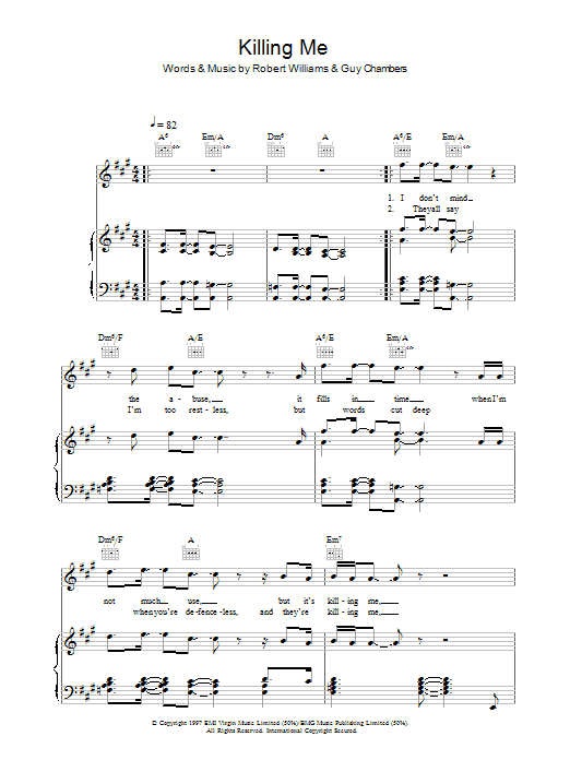 Learn to play Robbie Williams Killing Me sheet music for Piano, Vocal & Guitar Chords in minutes. Price: 7.8900$ Robbie Williams Killing Me sheet music notes and chords arranged for Piano, Vocal & Guitar Chords