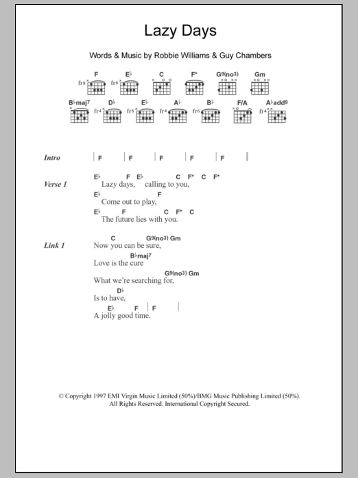 Robbie Williams Lazy Days sheet music notes and chords. Download Printable PDF.