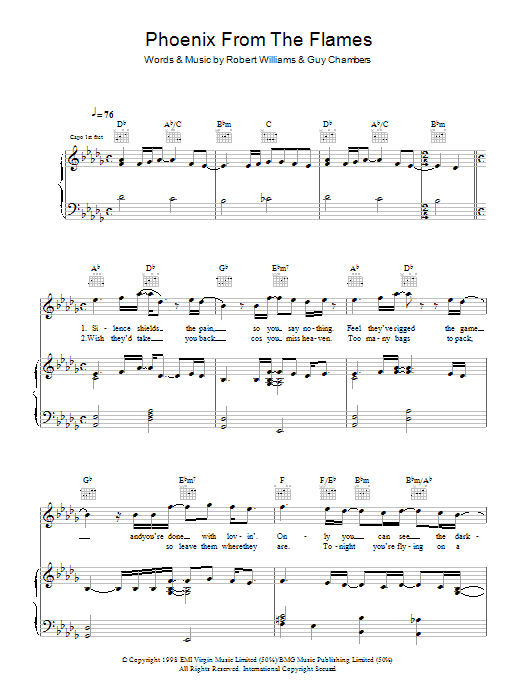 Learn to play Robbie Williams Phoenix From The Flames sheet music for Piano, Vocal & Guitar Chords in minutes. Price: 7.8900$ Robbie Williams Phoenix From The Flames sheet music notes and chords arranged for Piano, Vocal & Guitar Chords