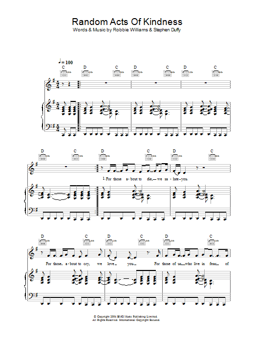 Learn to play Robbie Williams Random Acts Of Kindness sheet music for Piano, Vocal & Guitar Chords in minutes. Price: 7.8900$ Robbie Williams Random Acts Of Kindness sheet music notes and chords arranged for Piano, Vocal & Guitar Chords