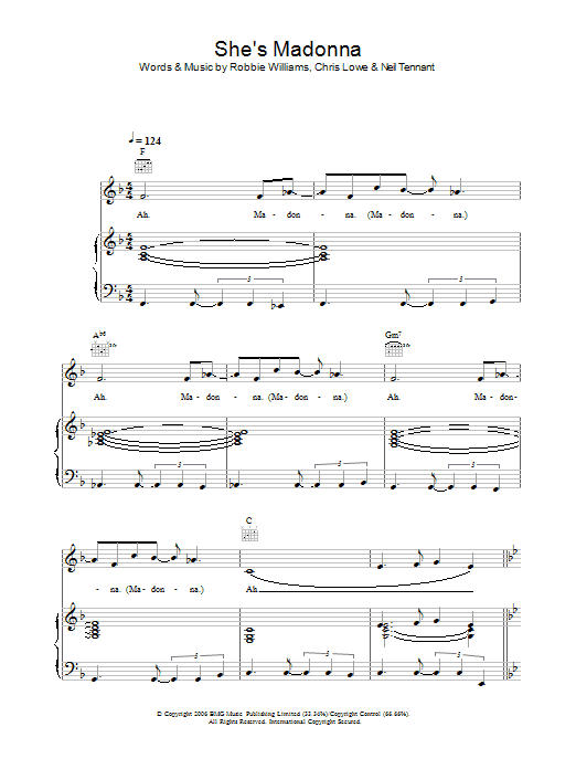 Robbie Williams She's Madonna sheet music notes and chords arranged for Piano, Vocal & Guitar Chords