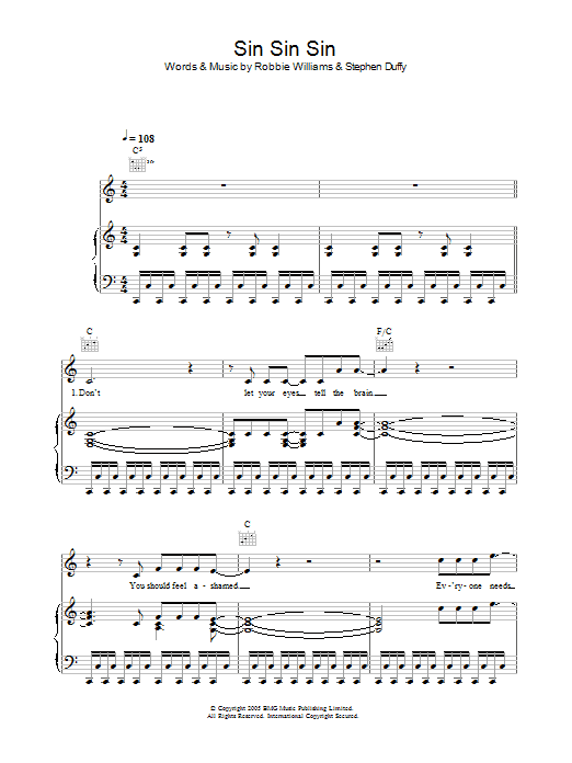 Learn to play Robbie Williams Sin Sin Sin sheet music for Piano, Vocal & Guitar Chords in minutes. Price: 7.8900$ Robbie Williams Sin Sin Sin sheet music notes and chords arranged for Piano, Vocal & Guitar Chords