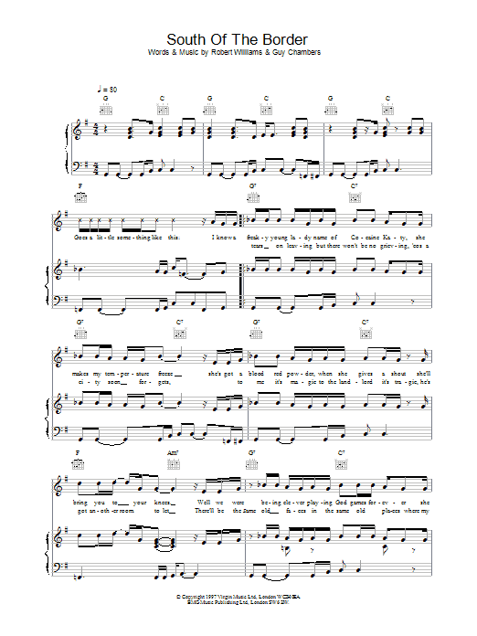Learn to play Robbie Williams South Of The Border sheet music for Lead Sheet / Fake Book in minutes. Price: 5.9900$ Robbie Williams South Of The Border sheet music notes and chords arranged for Lead Sheet / Fake Book