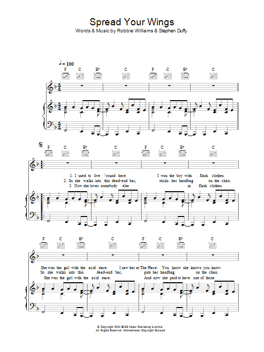 Learn to play Robbie Williams Spread Your Wings sheet music for Piano, Vocal & Guitar Chords in minutes. Price: 7.8900$ Robbie Williams Spread Your Wings sheet music notes and chords arranged for Piano, Vocal & Guitar Chords