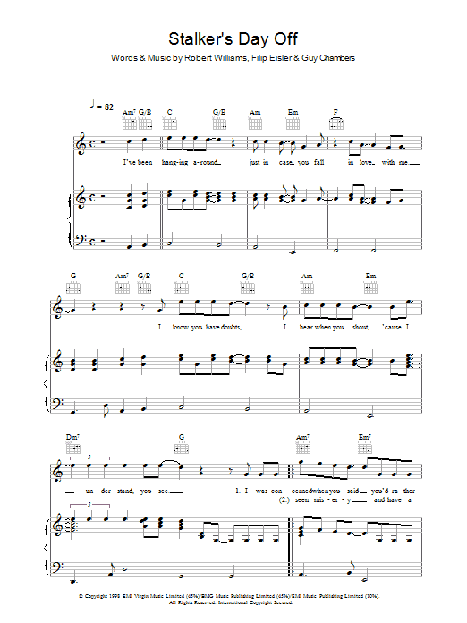 Learn to play Robbie Williams Stalker's Day Off sheet music for Piano, Vocal & Guitar Chords in minutes. Price: 7.8900$ Robbie Williams Stalker's Day Off sheet music notes and chords arranged for Piano, Vocal & Guitar Chords