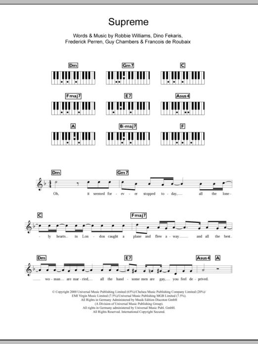 Robbie Williams Supreme sheet music notes and chords arranged for Piano, Vocal & Guitar Chords