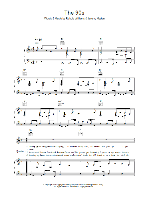 Learn to play Robbie Williams The 90s sheet music for Piano, Vocal & Guitar Chords in minutes. Price: 7.8900$ Robbie Williams The 90s sheet music notes and chords arranged for Piano, Vocal & Guitar Chords