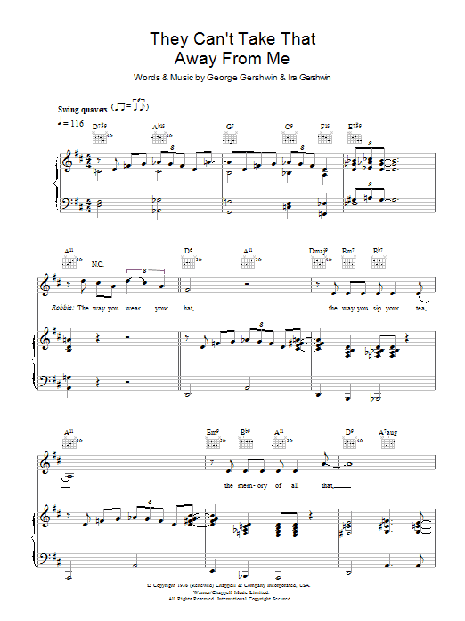 Learn to play Robbie Williams They Can't Take That Away From Me sheet music for Piano, Vocal & Guitar Chords in minutes. Price: 7.8900$ Robbie Williams They Can't Take That Away From Me sheet music notes and chords arranged for Piano, Vocal & Guitar Chords