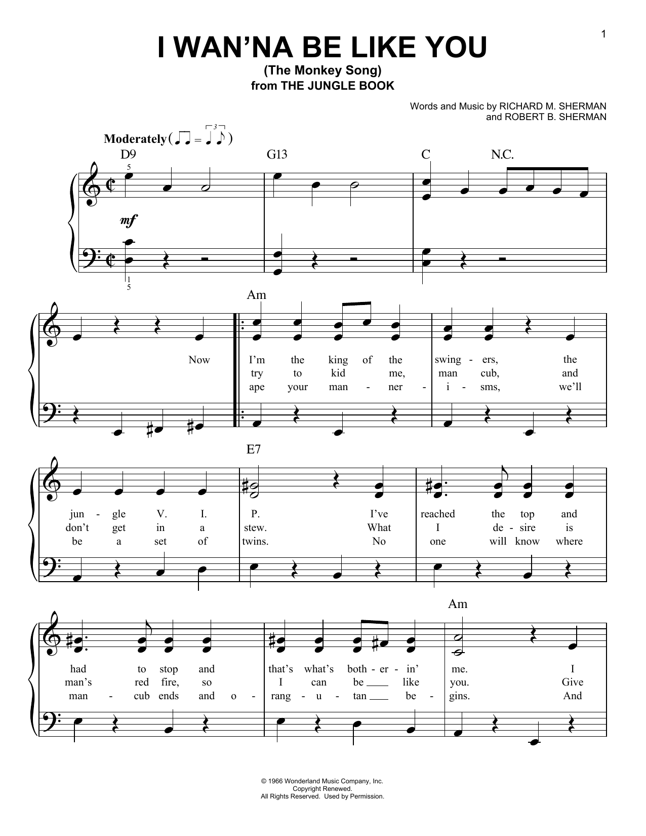 Learn to play Robert B. Sherman I Wan'na Be Like You (The Monkey Song) (from The Jungle Book) sheet music for Easy Piano in minutes. Price: 6.9900$ Robert B. Sherman I Wan'na Be Like You (The Monkey Song) (from The Jungle Book) sheet music notes and chords arranged for Easy Piano