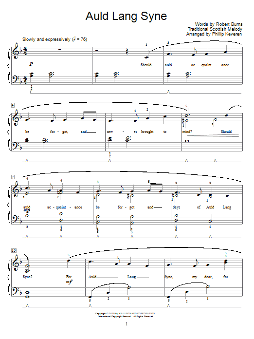 Traditional Auld Lang Syne sheet music notes and chords arranged for Educational Piano