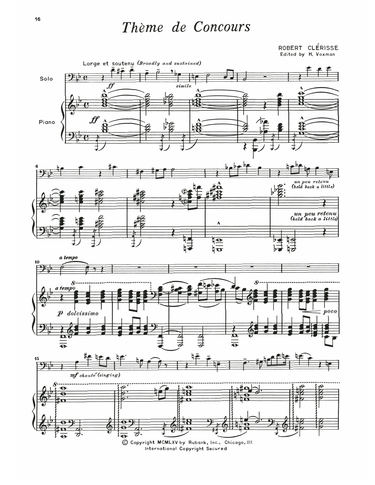 Learn to play Robert Clérisse Theme De Concours sheet music for Trombone and Piano in minutes. Price: 6.9900$ Robert Clérisse Theme De Concours sheet music notes and chords arranged for Trombone and Piano