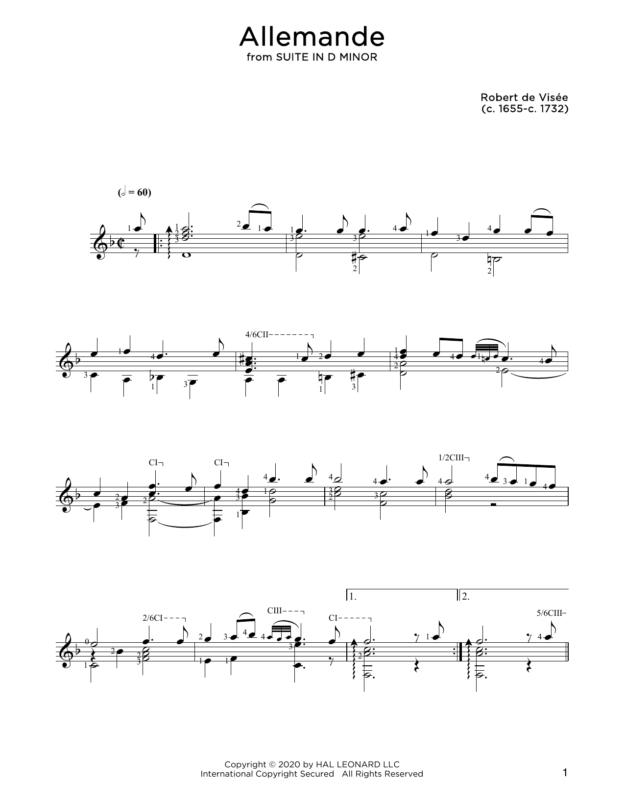 Robert de Visee Allemande sheet music notes and chords. Download Printable PDF.