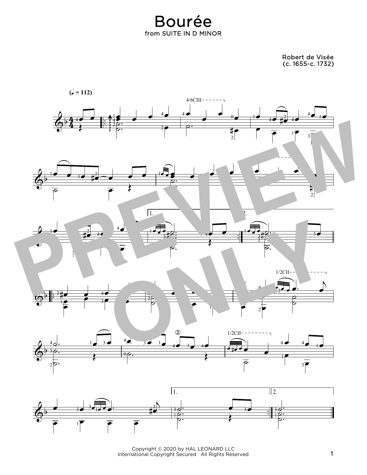 Robert de Visee Bouree sheet music notes and chords. Download Printable PDF.