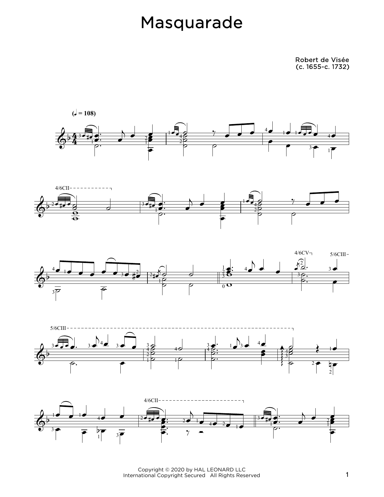 Robert de Visee Masquarade sheet music notes and chords. Download Printable PDF.