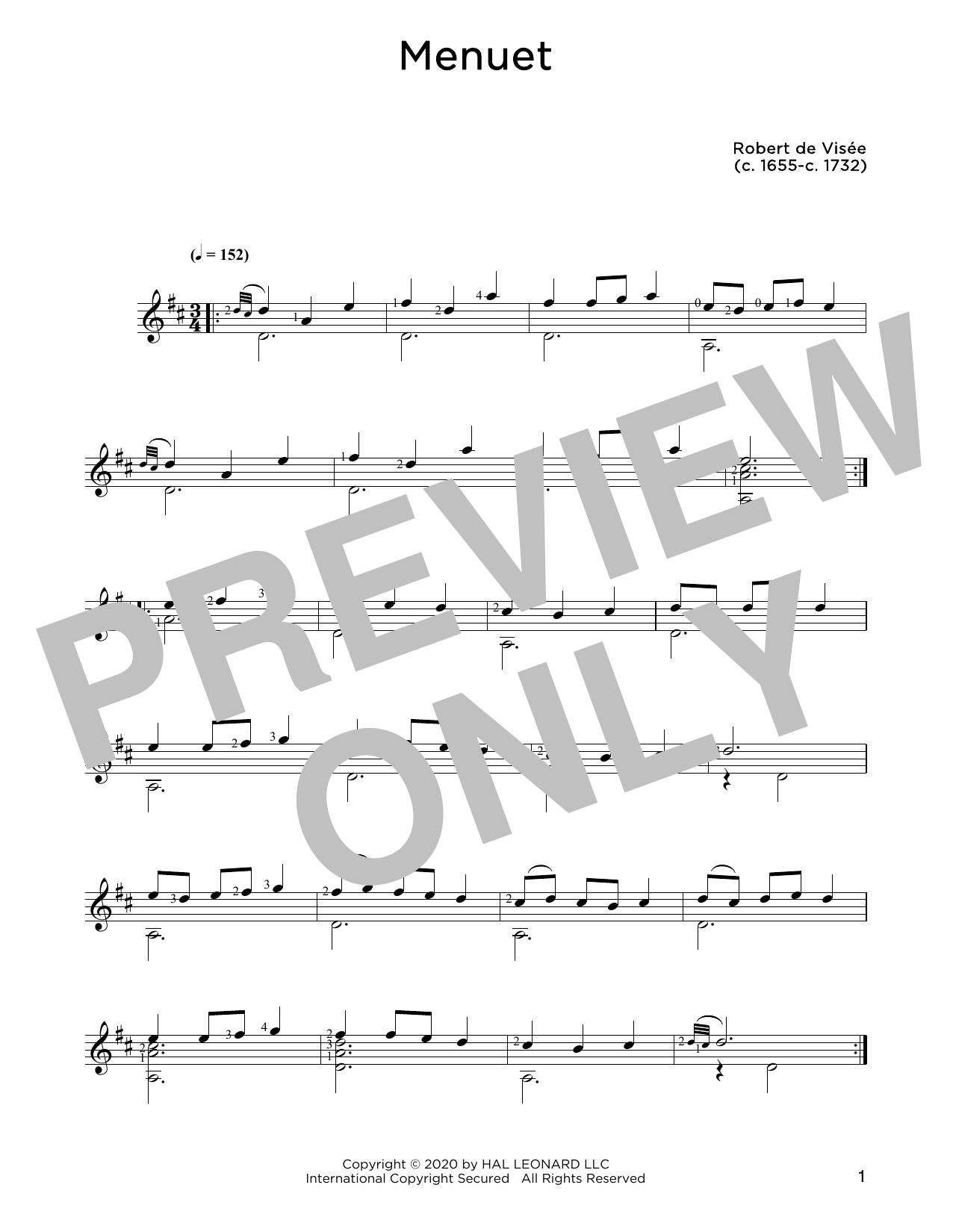 Robert de Visee Menuet sheet music notes and chords. Download Printable PDF.