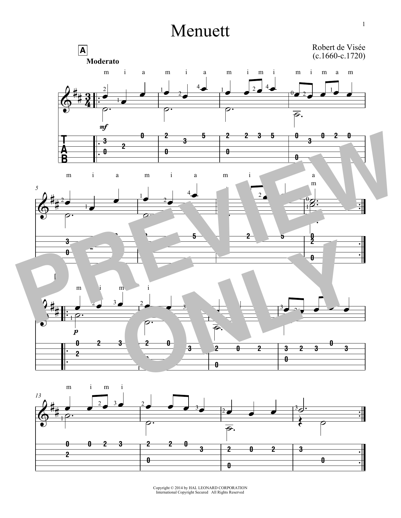 Robert de Visee Menuett sheet music notes and chords. Download Printable PDF.