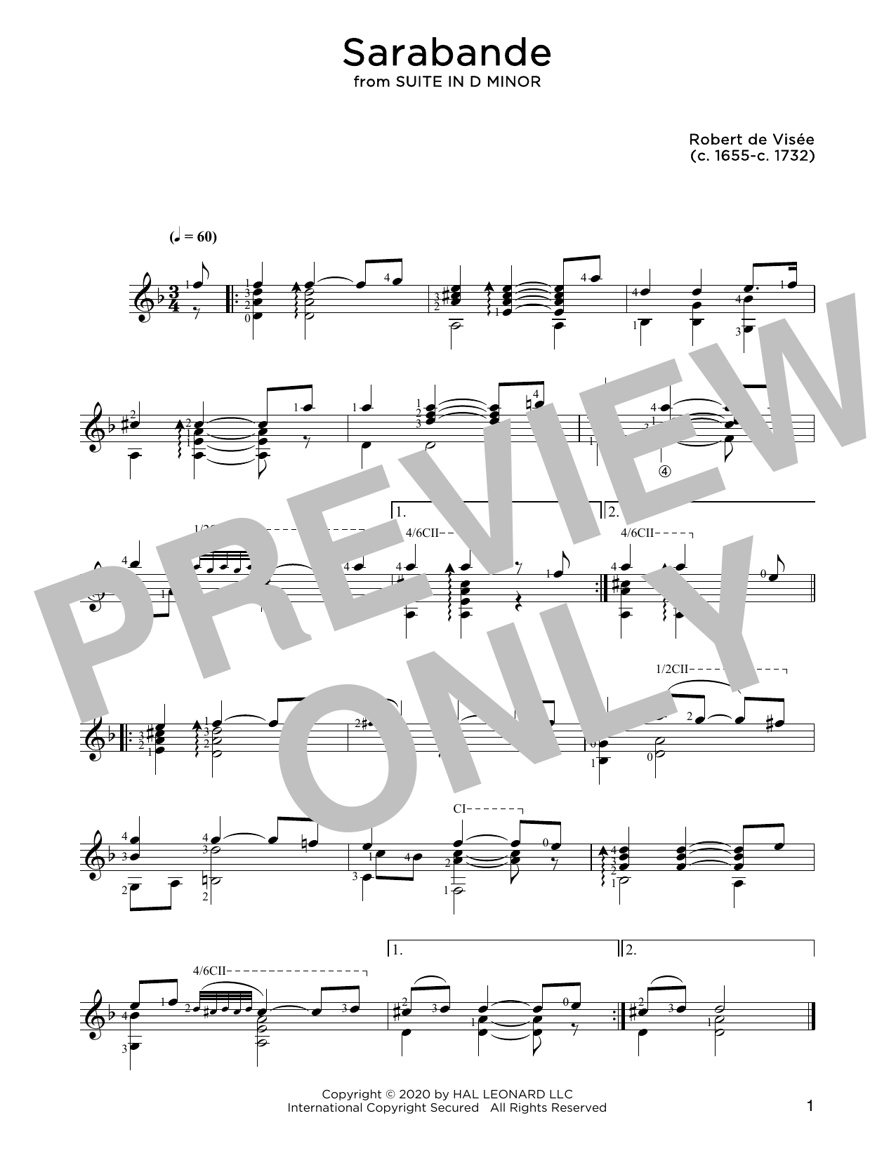 Robert de Visee Sarabande sheet music notes and chords. Download Printable PDF.