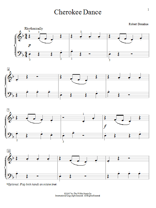Learn to play Robert Donahue Cherokee Dance sheet music for Educational Piano in minutes. Price: 6.9900$ Robert Donahue Cherokee Dance sheet music notes and chords arranged for Educational Piano