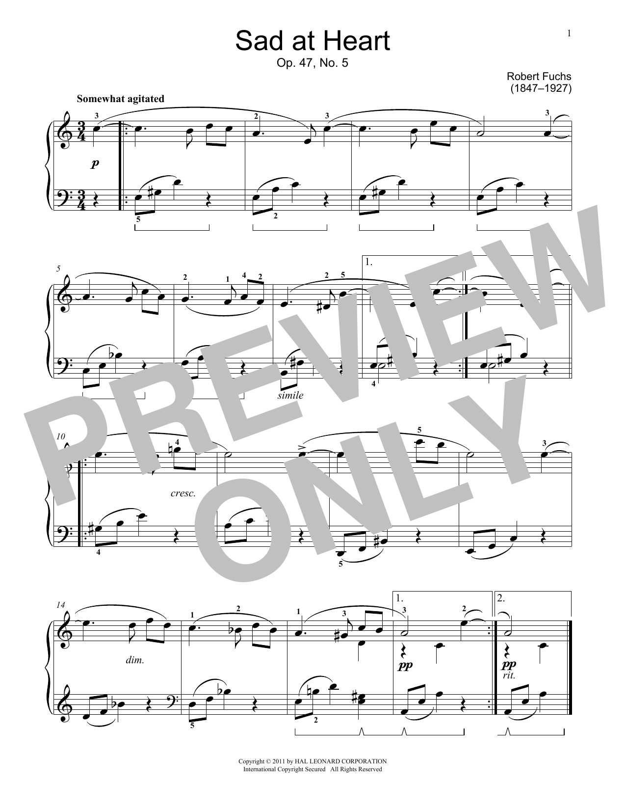 Learn to play Robert Fuchs Sad At Heart, Op. 47, No. 5 sheet music for Educational Piano in minutes. Price: 6.9900$ Robert Fuchs Sad At Heart, Op. 47, No. 5 sheet music notes and chords arranged for Educational Piano