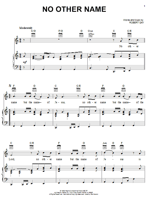 Learn to play Robert Gay No Other Name sheet music for Piano, Vocal & Guitar Chords (Right-Hand Melody) in minutes. Price: 7.8900$ Robert Gay No Other Name sheet music notes and chords arranged for Piano, Vocal & Guitar Chords (Right-Hand Melody)