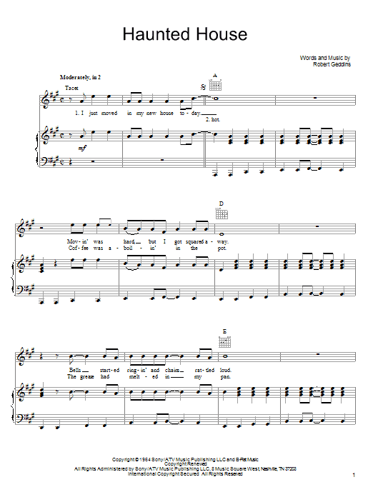 Learn to play Robert Geddins Haunted House sheet music for Piano, Vocal & Guitar Chords (Right-Hand Melody) in minutes. Price: 7.8900$ Robert Geddins Haunted House sheet music notes and chords arranged for Piano, Vocal & Guitar Chords (Right-Hand Melody)