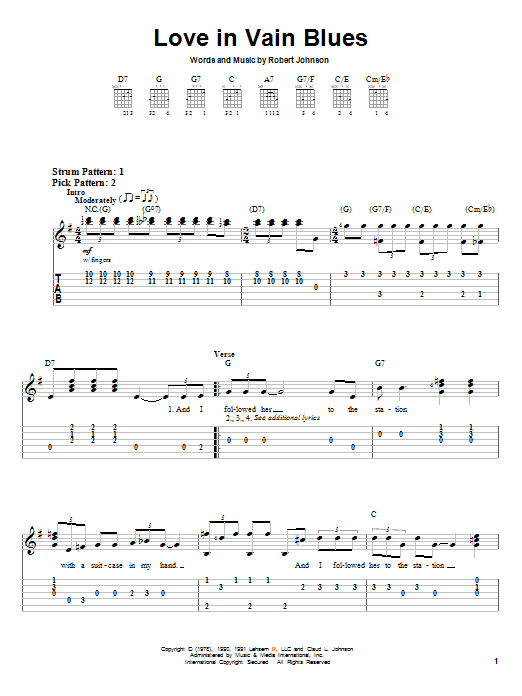 Robert Johnson Love In Vain Blues sheet music notes and chords. Download Printable PDF.