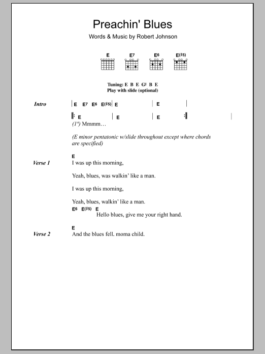 Robert Johnson Preachin' Blues (Up Jumped The Devil) sheet music notes and chords. Download Printable PDF.